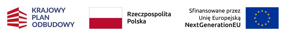 Logotypy Krajowego Planu Odbudowy, Rzeczpospolitej Polskiej oraz Finansowania przez Unię Europejską.